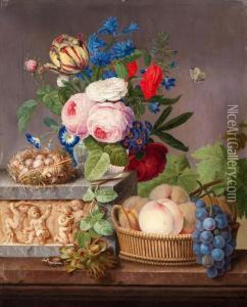 A Vase With Flowers And A Bird's Nest On A Plinth With A Relief With Putti And A Lower Marble Plateau With A May Bug, Nuts And A Basket With Fruits Oil Painting - Michel Joseph Speeckaert