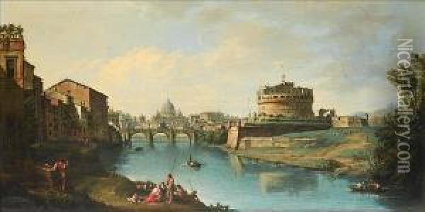 View Of The Tiber Looking 
Towards The Castel Sant'angelo, With Saint Peter's In The Distance Oil Painting - Andrea Locatelli