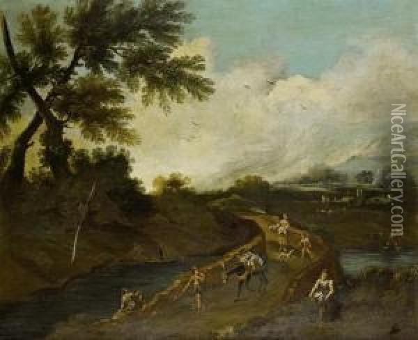 A Wooded Landscape With Travellers And A Mulecrossing A Bridge, With Mountains Beyond Oil Painting - Bartolomeo Pedon