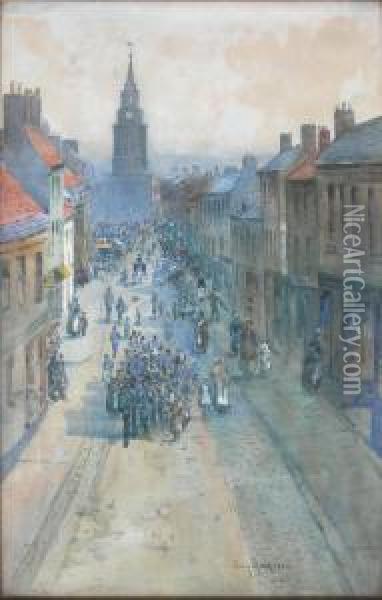 A Procession, Berwick Market Place Oil Painting - John Muirhead