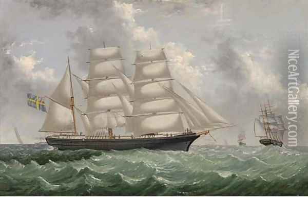 A Swedish three-masted barque in two positions Oil Painting - English School