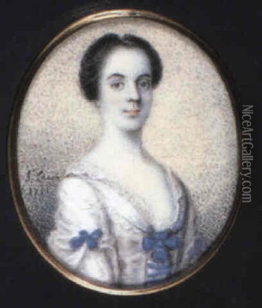 A Fine Portrait Of A Lady, In Decollete White Dress Trimmed With Blue Ribbons, Lace Underslip Oil Painting - J. Lacon
