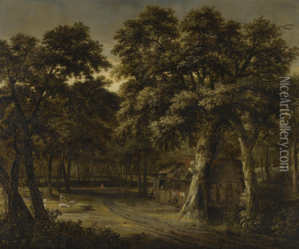 A Woodland Scene With A Cottage And Figures Oil Painting - Philips Koninck