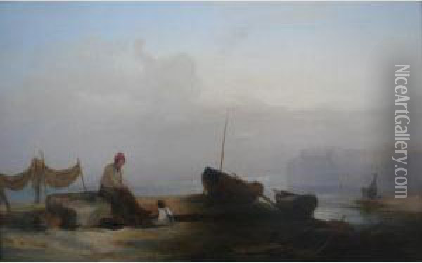 A Fisherman And His Daughter On The Shore At Dusk Oil Painting - William Collins