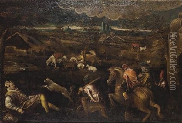 An Extensive Landscape With An Elegant Hunting Party Oil Painting - Francesco Bassano the Younger