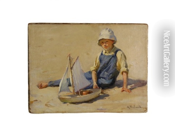 Boy With Toy Boat On Beach Oil Painting - Mabel May Woodward