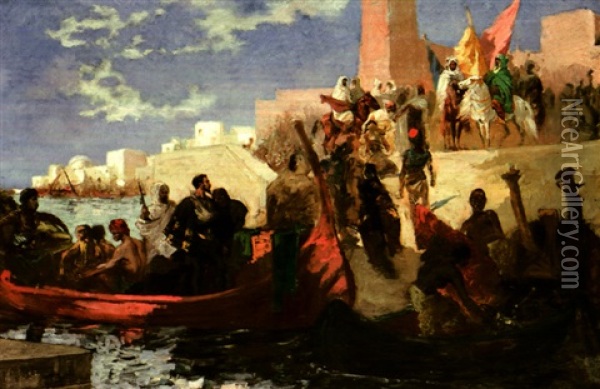 Reception D'un Dignitaire Dans Un Port Marocain Oil Painting - Georges Jules Victor Clairin