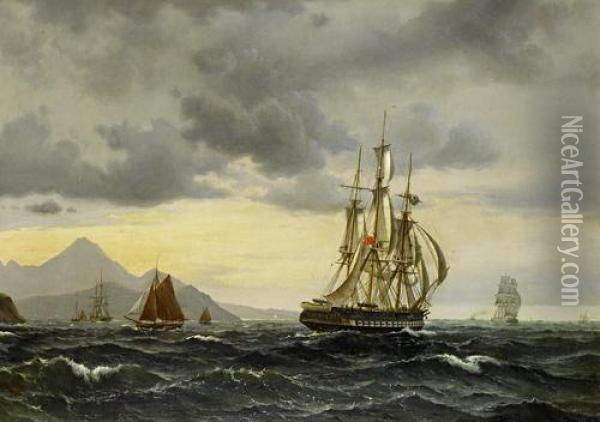 An English Frigate Running Up A Rocky Coast With Small Craft Inshore Oil Painting - Vilhelm Melbye