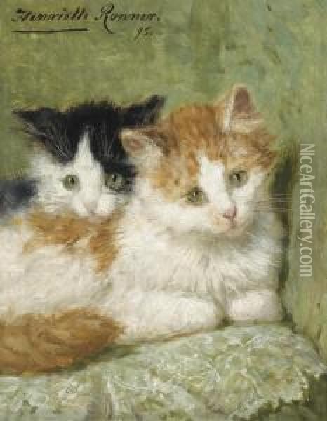 Two Kittens Sitting On A Cushion Oil Painting - Henriette Ronner-Knip