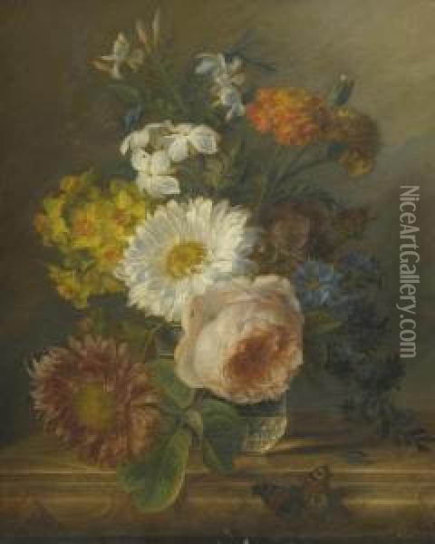 A Still Life With Daffodils, A Rose And Other Flowers In A Vase With A Butterfly, A Dragon Fly And A Beetle Oil Painting - Jan Frans Van Dael
