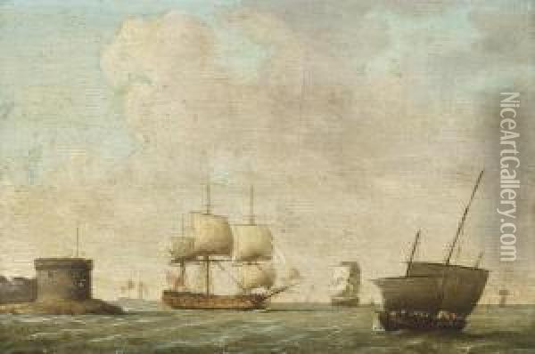 A Frigate Passing A Crowded Lugger Oil Painting - Dominic Serres