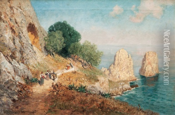 The Faraglioni Rocks On Capri Oil Painting - Georg M. Meinzolt
