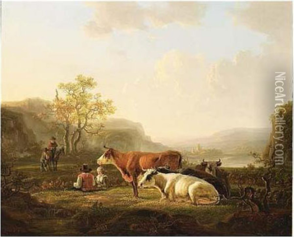 An Extensive River Landscape With Shepherds And Their Cattle Resting At Oil Painting - Jacob Van Stry