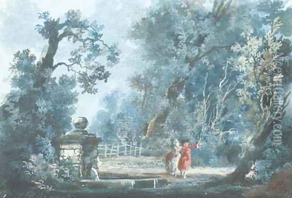 An elegant couple by a fountain in a park 2 Oil Painting - French School