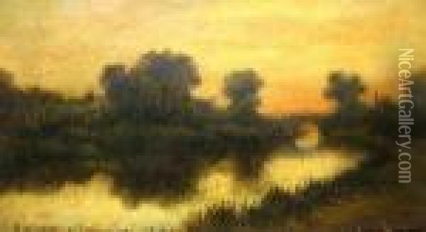 River Landscape At Sunset; Oil Painting - Benjamin Williams Leader