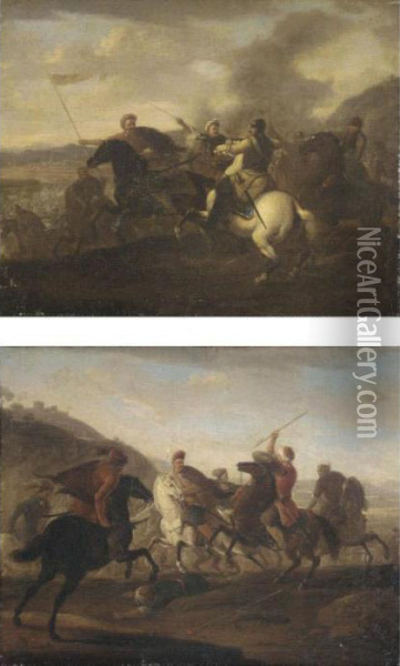 A Pair Of Cavalry Skirmishes Between Turks And Christians Oil Painting - Christian Reder
