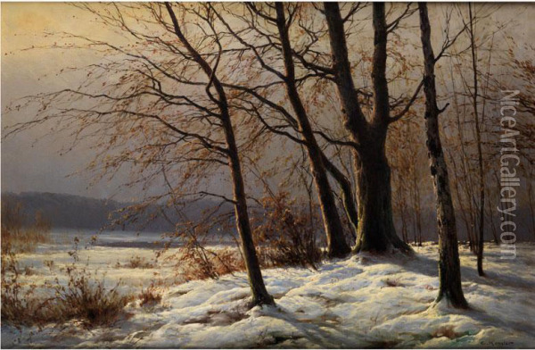 Winterliche Waldlandschaft Mit Jungenbaumen Am Waldrand Oil Painting - Carl Kenzler