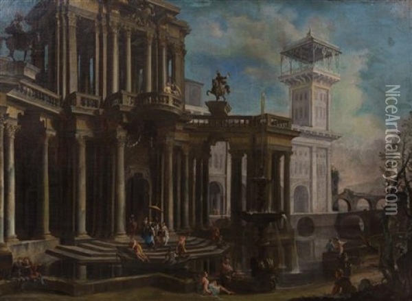 Two Expansive Scenes Of Capriccios Amidst The Ruins Oil Painting - Giovanni Paolo Panini