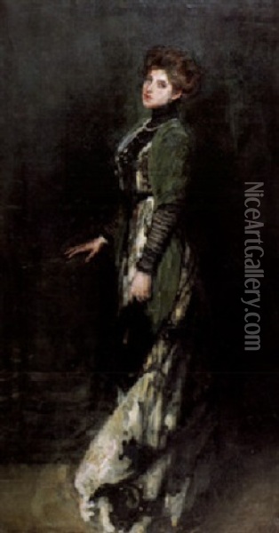 Bildnis Einer Jungen Stehenden Frau In Langem Kleid Oil Painting - Albert von Keller