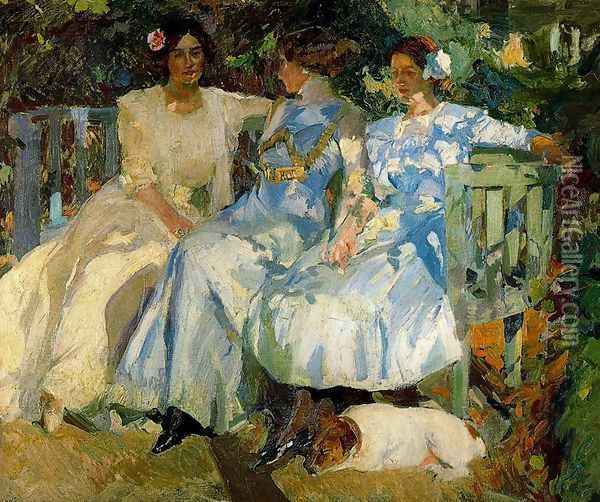 My wife and my daughters in the garden Oil Painting - Joaquin Sorolla Y Bastida