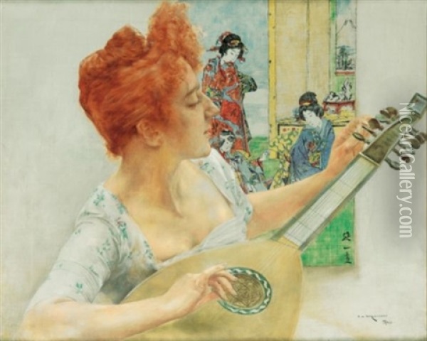 Joueuse De Mandoline A L'estampe Japonaise Oil Painting - Bertalan Karlovszky