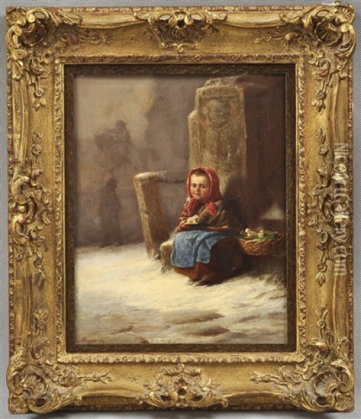 Einen Dreier S Schafchen (frierendes Kind Verkauft Spielzeugfiguren) Oil Painting - Hermann Bayer