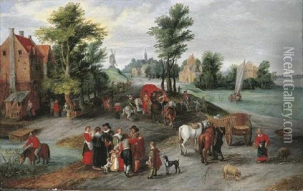 A Village Landscape With Wagons On A Track By A River, An Elegant Family In The Foreground, A Peasant Watering His Horse Oil Painting - Jan Brueghel the Elder