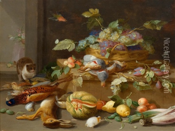 Still Life Of Fruits With Cat And Wild Animals Oil Painting - Jan van Kessel the Younger