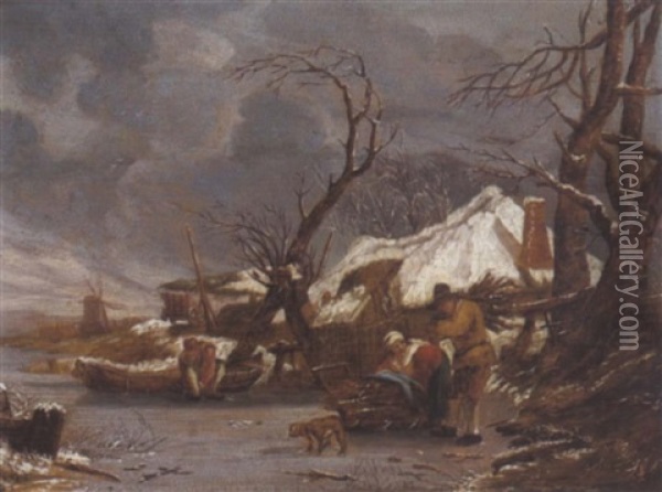 Winterlandschaft Mit Bauern Bei Einem Schlitten Oil Painting - Jan Van De Cappelle