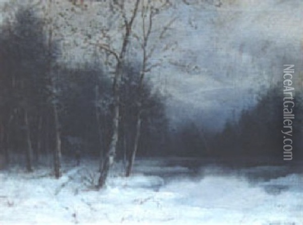 Figure By A Pond In Winter Oil Painting - Charles Warren Eaton