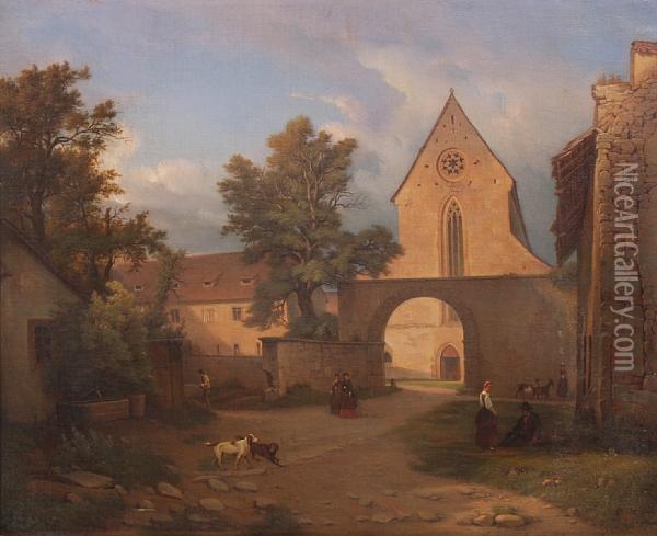 Figures Before A Church In A Village Oil Painting - Joseph Mayer-Attenhofer