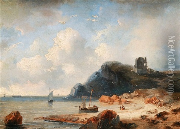 Von Einer Burgruine Bekronte Bucht Mit Seglern Oil Painting - Johan Hendrik Meyer