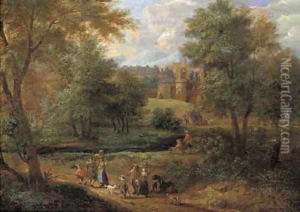 A Wooded River Landscape With Travellers On A Path And Anglers By A River, A Town Beyond Oil Painting - Pieter Bout