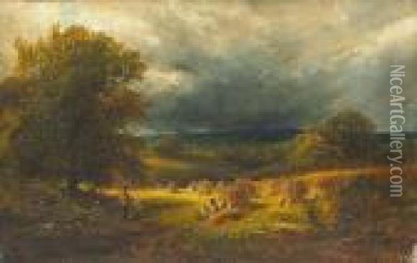 Figures In A Hayfield Under Threatening Skies Oil Painting - George Vicat Cole
