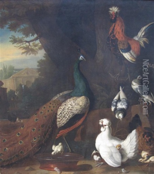 A Peacock And Domestic Fowl In The Grounds Of A Country House Oil Painting - Pieter Casteels III