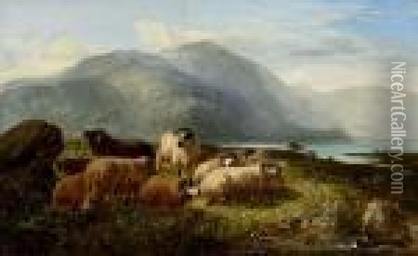 Sheep In A Highland Landscape Oil Painting - Joseph Denovan Adam