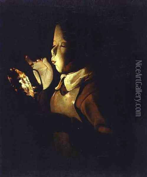 Boy blowing at a Lamp Oil Painting - Georges de La Tour
