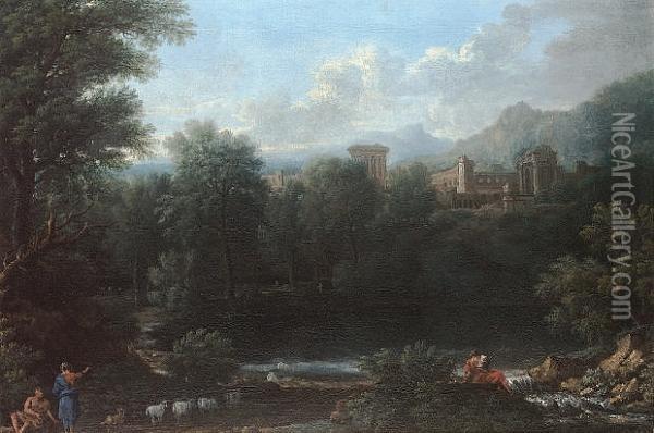 An Arcadian Landscape With 
Classical Figures Beside A Lake In The Foreground, A Roman Town On The 
Hills Beyond Oil Painting - John Wootton
