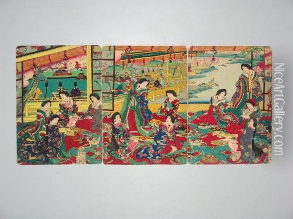 Jeunes Femmes En Reunion De Fete Oil Painting - Yoshu Toyoharu Chikanobu /