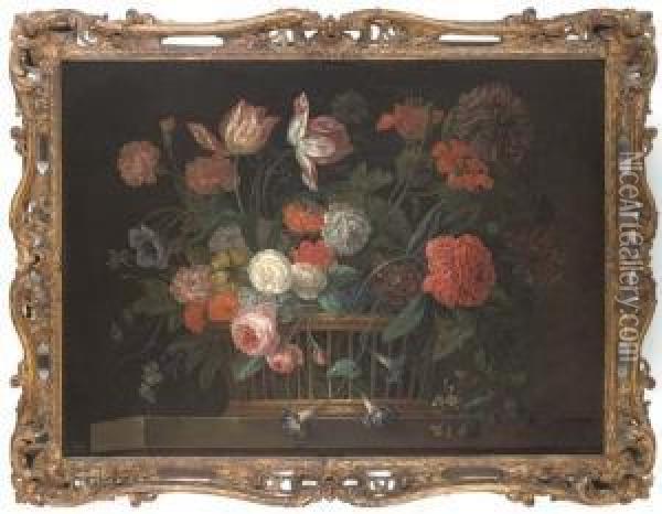 Roses, Chrysanthemums, Morning Glory, Lilies, Carnations And Other Flowers In A Basket On A Stone Ledge Oil Painting - Jacob van Huysum