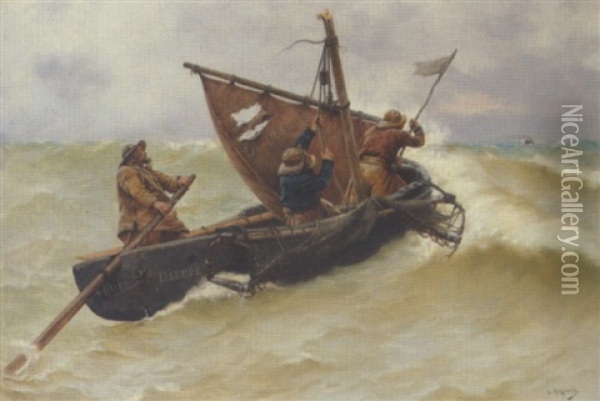 Pram Med Tre Fiskere I Havsnod Oil Painting - Georges Jean Marie Haquette
