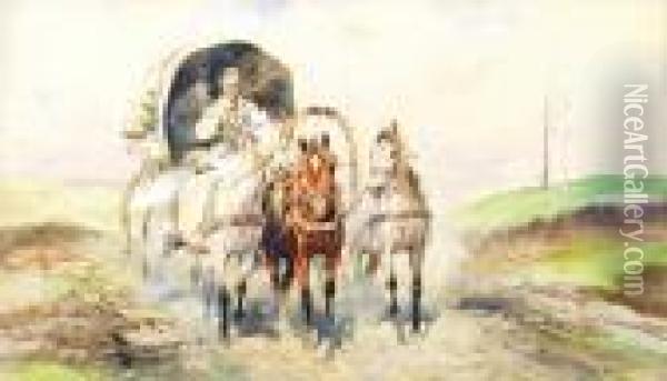 Ukrainian Peasants In A Wagon Oil Painting - Juliusz Holzmutller