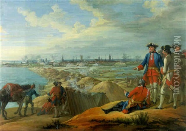 The Battle Of Bruges, With Officers Assembled On A Hill In The Foreground Oil Painting - Charles Parrocel