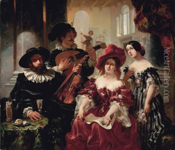 A Recital In The Artist's Studio Oil Painting - Francois-Hippolyte Debon