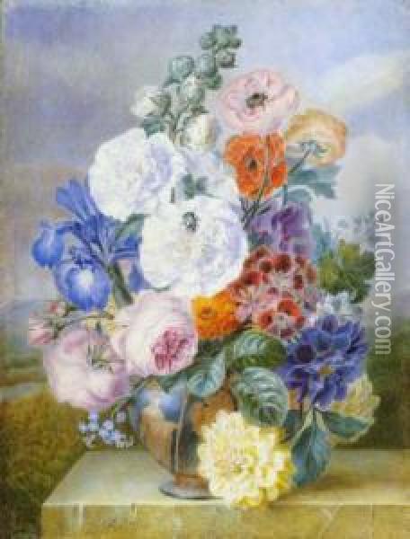 Nature Morte Au Vase De Fleurs Sur Un Entablement De Marbre Oil Painting - Adele Riche