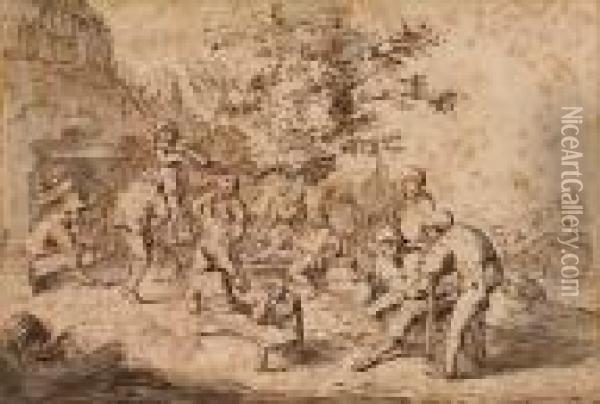 Peasants Carousing Before An Inn Oil Painting - Adriaen Jansz. Van Ostade