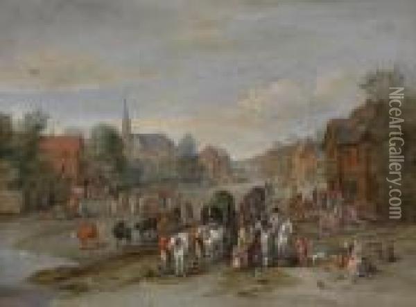 Village Street With Horses And Carts Andnumerous People Oil Painting - Jan The Elder Brueghel