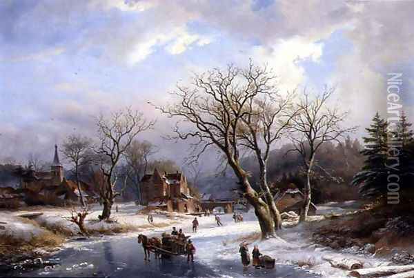 Figures Skating on a Frozen River Before a Village Oil Painting - Albert Jurardus van Prooijen