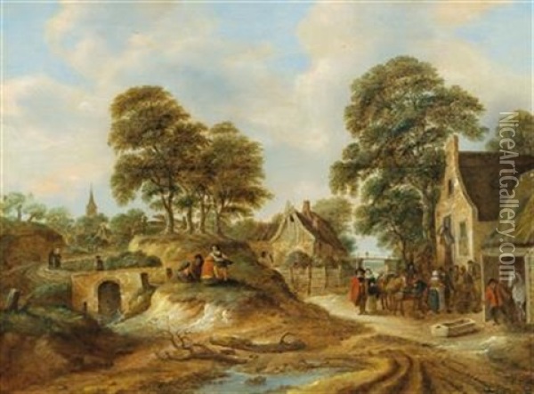 Travellers And Peasants In Front Of An Inn Oil Painting - Nicolaes Molenaer