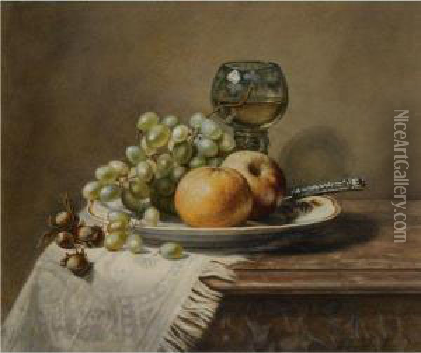 A Still Life With A Glass, Fruit On A Plate And Hazelnuts On Aledge Oil Painting - Hermina Van Der Haas
